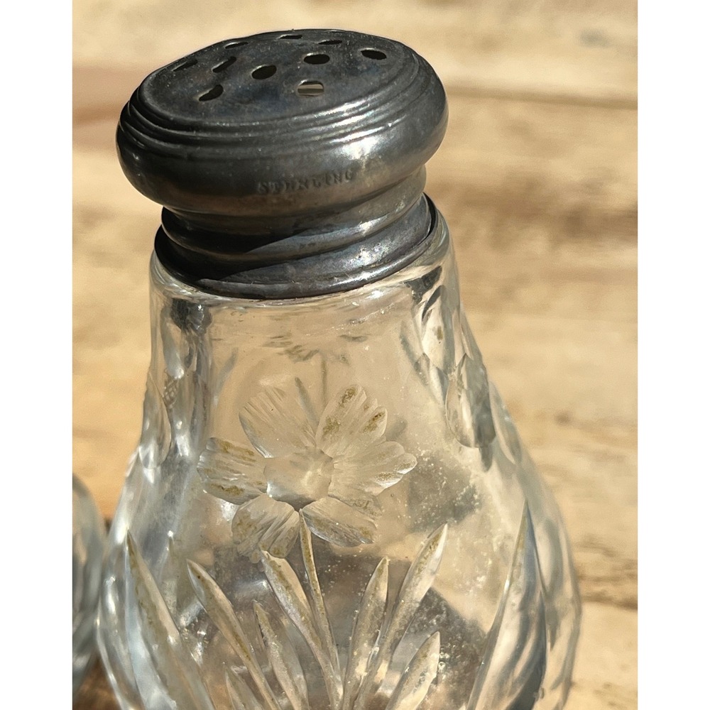 Vintage Etched Glass Salt and Pepper Shakers Sterling Silver Tops Floral Set - Picture 5 of 5